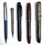 Three fountain pens including a Conway Stewart 15 fountain pen with 14ct nib, "The UNIQUE" pen