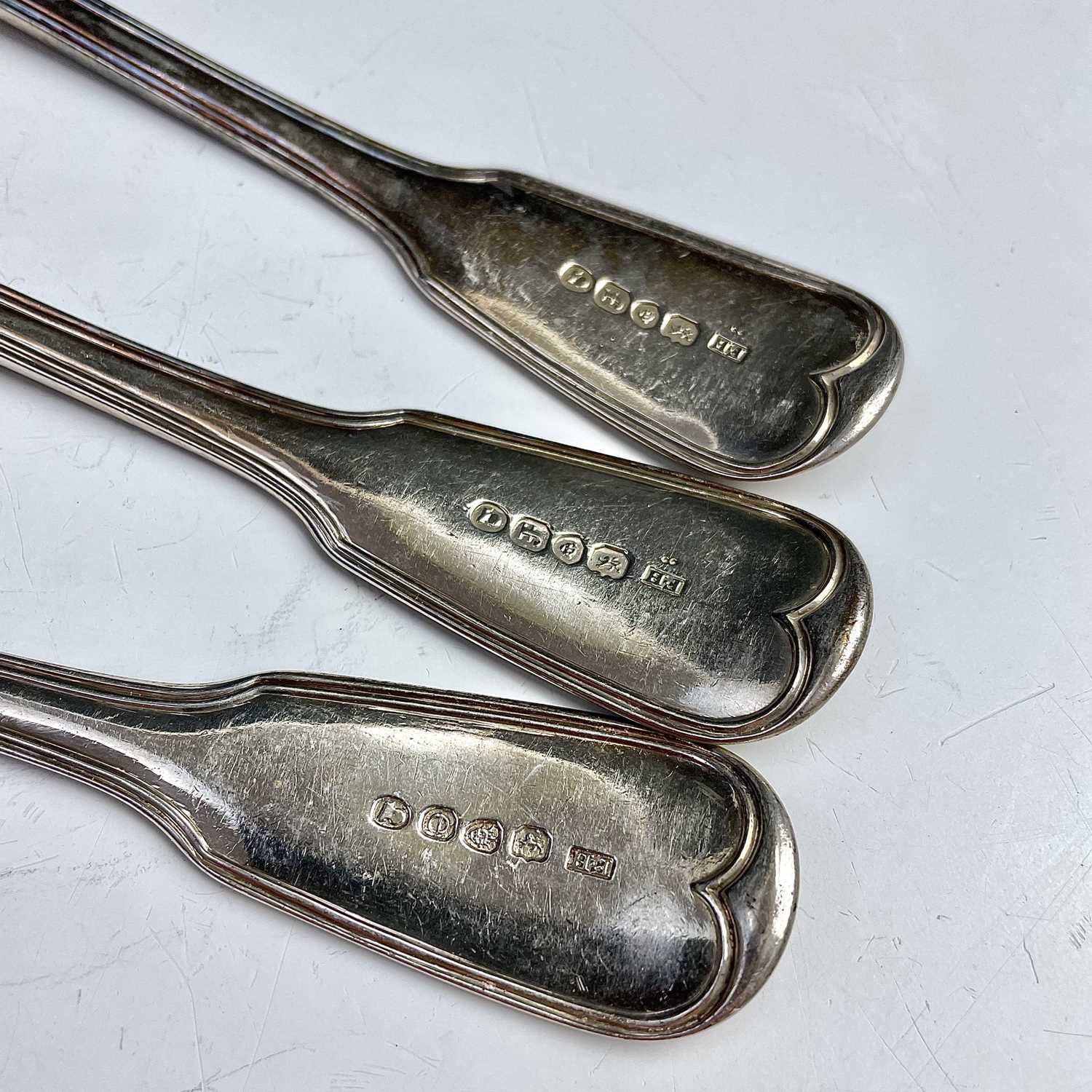 A set of three George III fiddle and thread pattern table spoons, maker F.H, London 1820/21, - Image 5 of 6