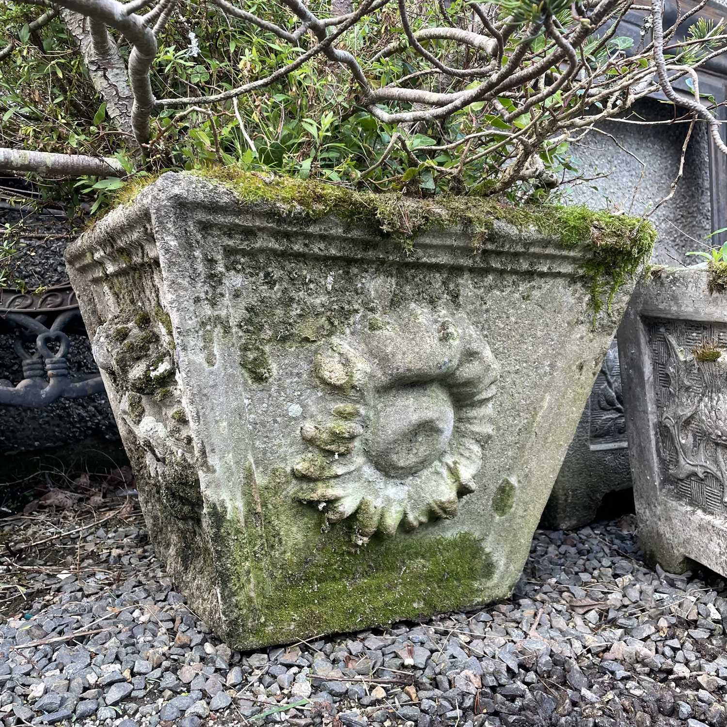 A large reconstituted stone planter cast with flower motif, the height of planter 41cm width 49cm - Image 2 of 4