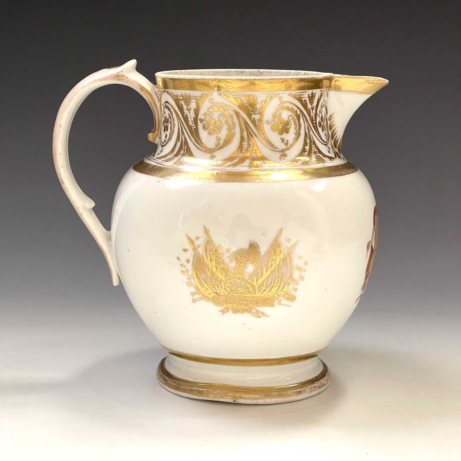 A 19th century porcelain armorial jug highlighted with finely gilt panels below a foliate scroll - Image 6 of 7