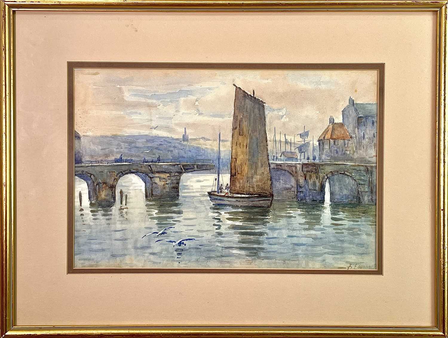 E EAMON Whitby harbour Watercolour Signed 23 x 35cm