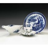 A Caughley porcelain fisherman and cormorant pattern saucer, pseudo Chinese mark to base, together