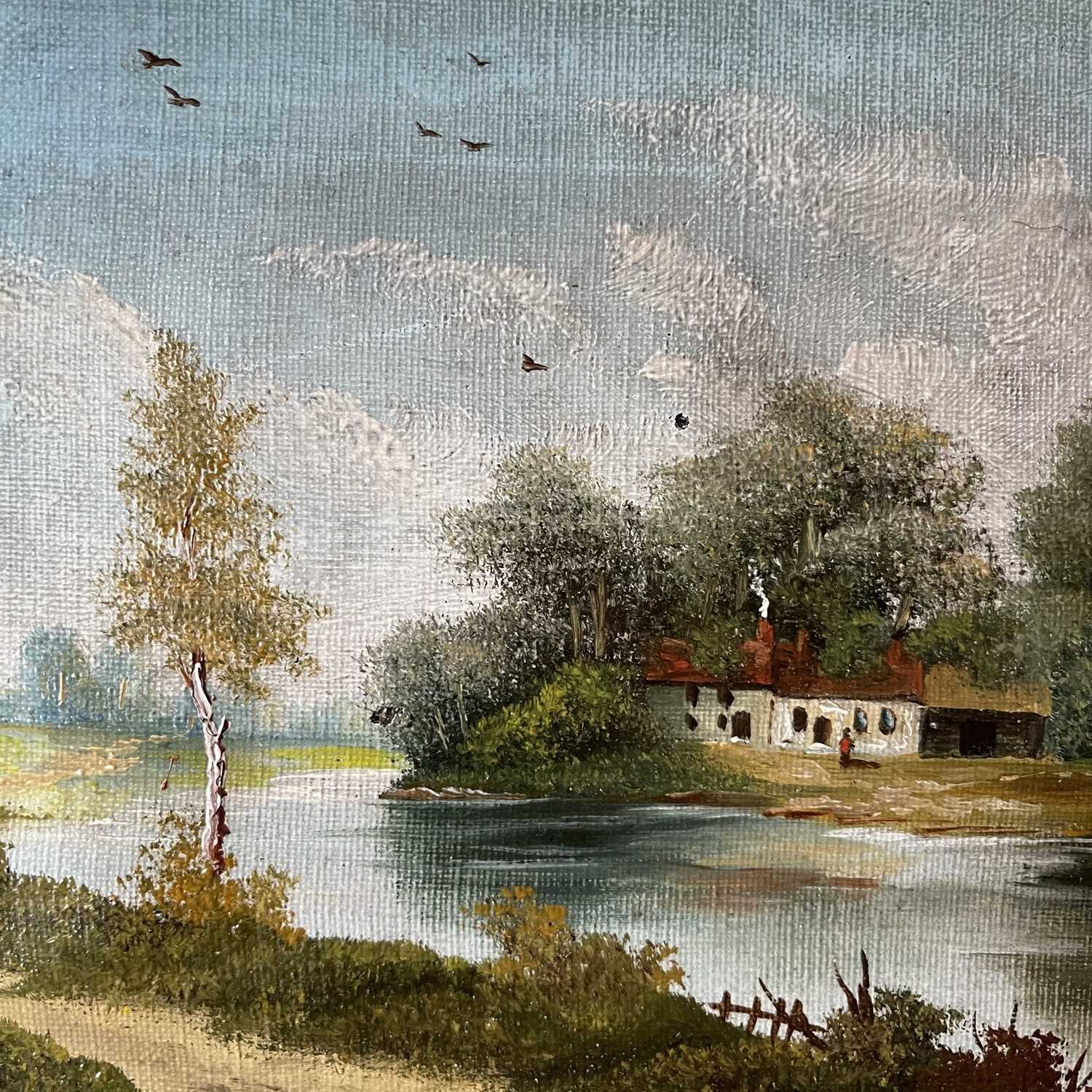 20th Century School Riverside CottagesOil on canvasIndistinctly signed 18.5 x 23.5cm - Image 3 of 6