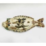 A Portuguese Pallisy style fish shaped tureen and cover, circa 1900, with applied shells, lizards,