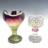 A Kralik iridescent glass vase, with deep red rim, graduating to green, height 19cm, together with a