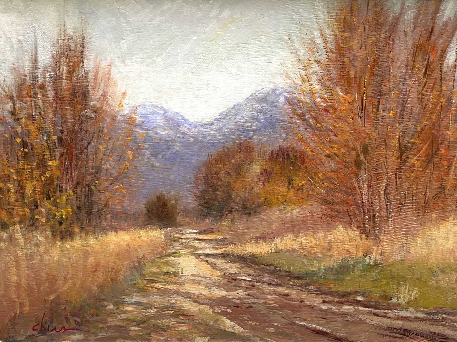 Biagio Chiesi (1957-) Autumn Light Oil on board Signed, further signed and inscribed to verso, 32.