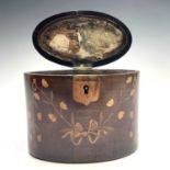A George III mahogany oval tea caddy, with floral inlaid ribbon tied decoration, width 14.5cm.