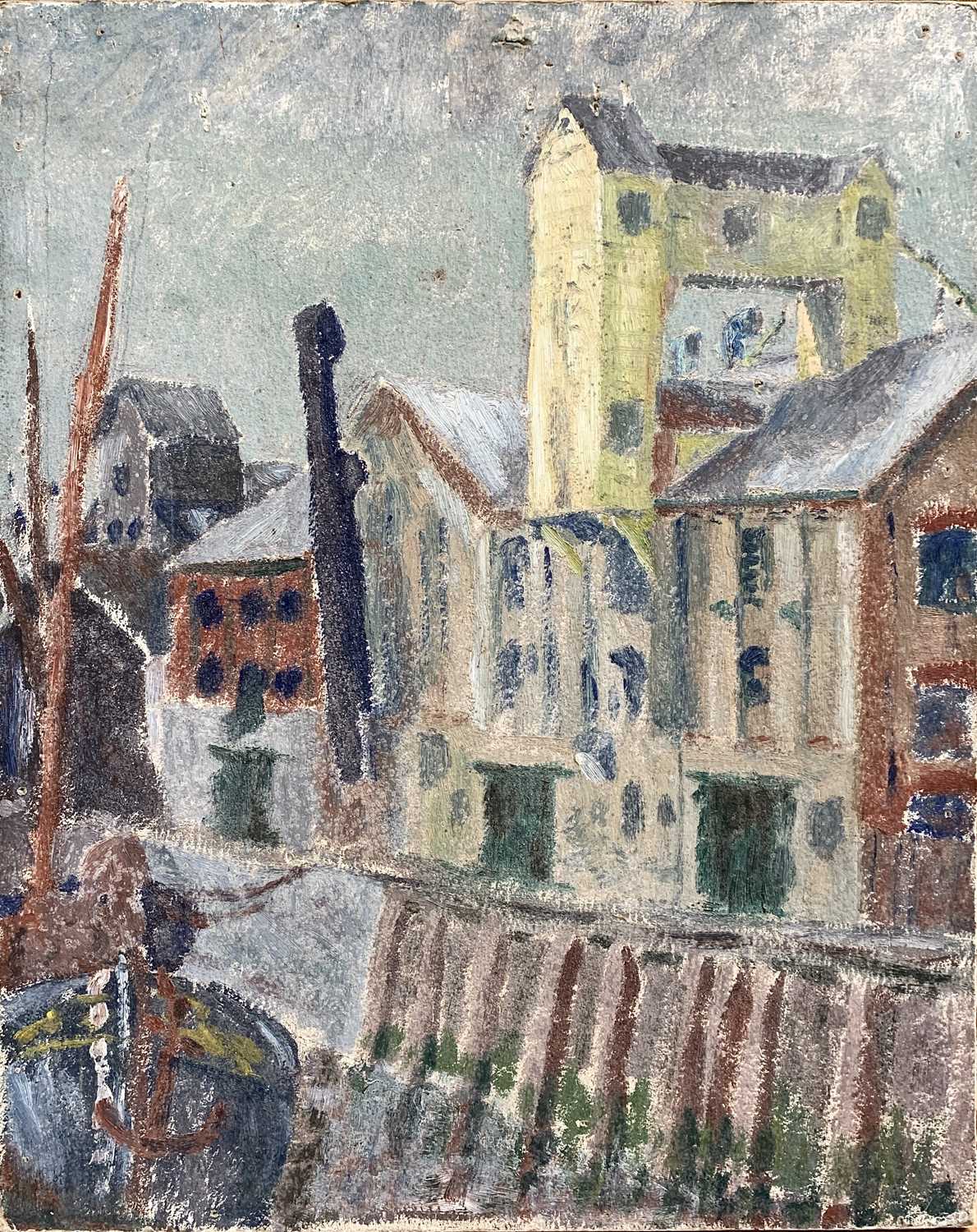 Patrick FISHER (1930-1987) A dock scene Oil on board Attributed verso 50.5 x 40.5cm Unframed