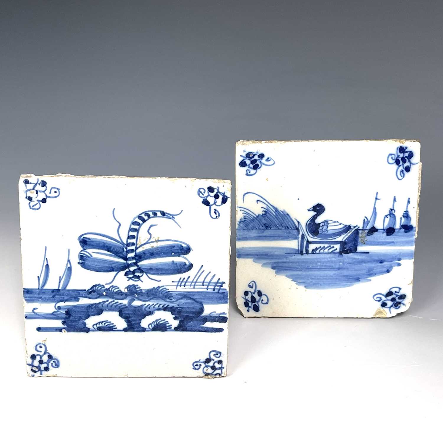 Four blue and white Dutch Delft tiles, decorated with various scenes including a flute playing - Image 2 of 11