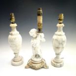 A pair of white marble baluster turned table lamps, 20th century, height 37cm, together with an