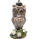 A Victorian porcelain oil lamp base, probably Moore Brothers, circa 1880, modelled as an owl, with