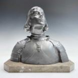 A French spelter bust of Joan of Arc on a marble base signed Rullony, height 23cm.