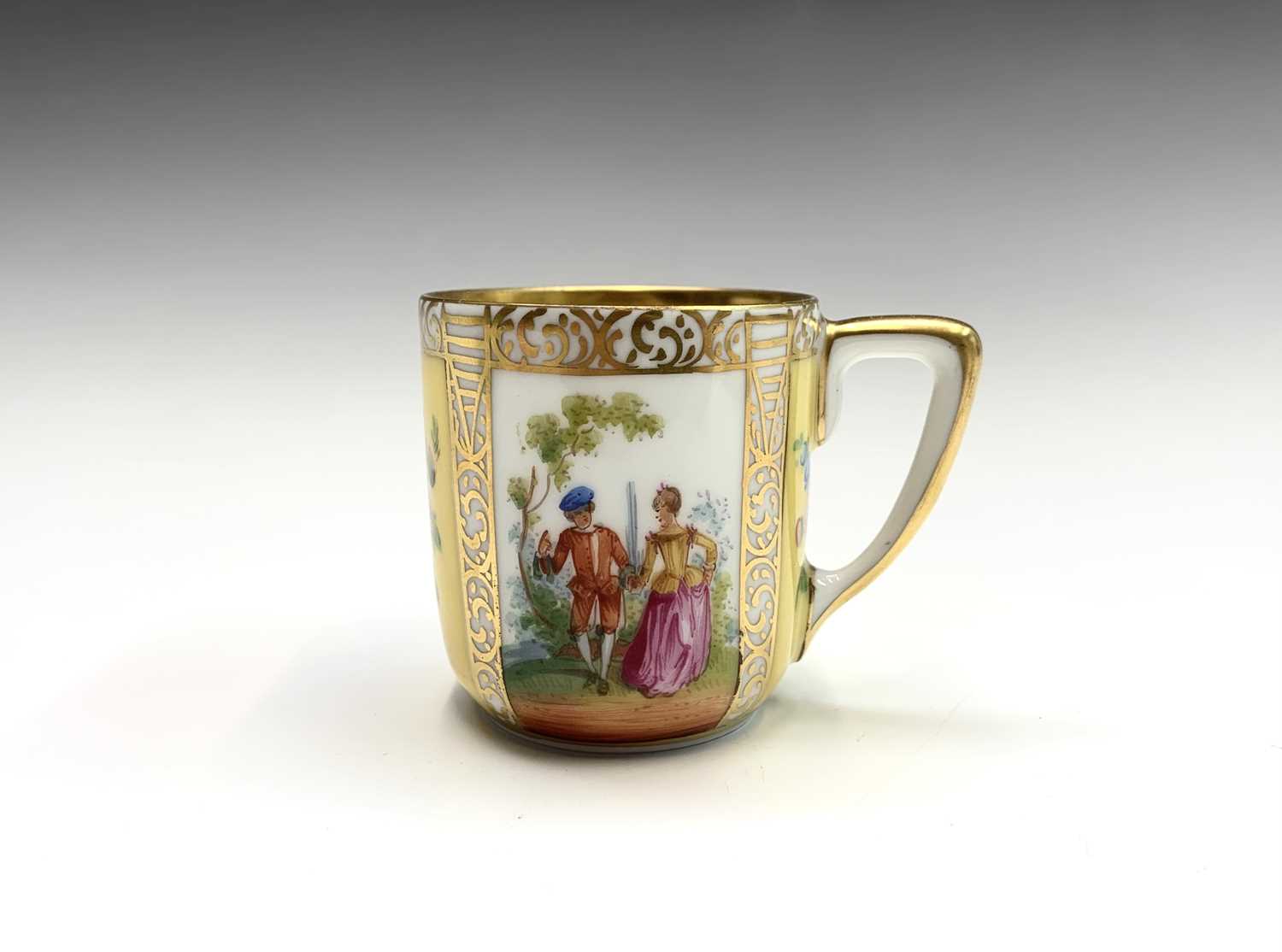 A Meissen cabinet cup and saucer, late 19th century, painted with reserves in the 18th century style - Image 2 of 9