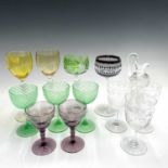 A selection of clear and coloured glassware, 19th century and later, including three wines with