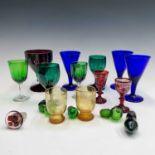 Assorted Victorian and later coloured glassware. Height 14cm diminishing. A box. Condition report:
