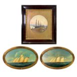 J.C.W. Tuck A pair of primitive oval oils of a German and a US twin mast sailing ship Oil on card,