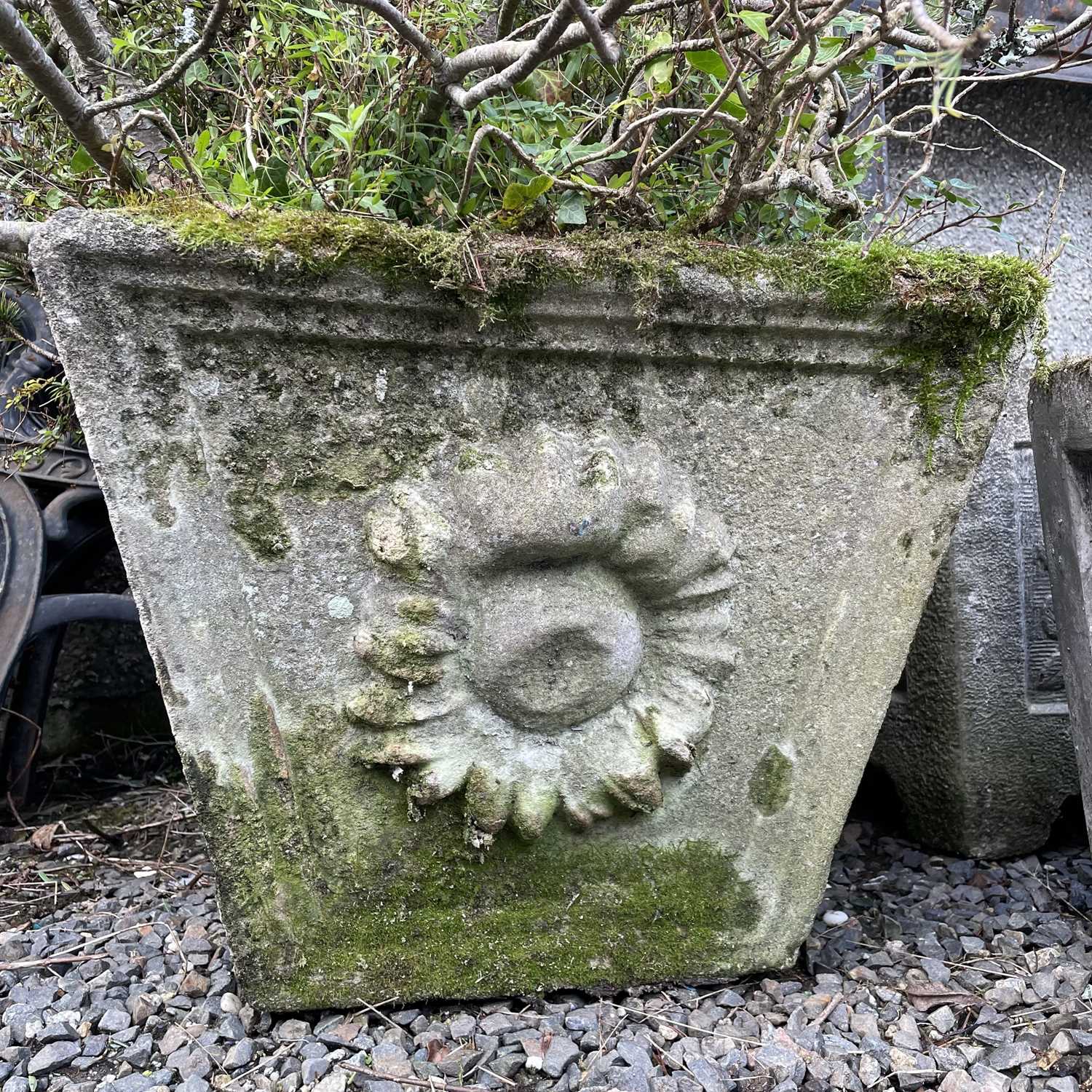 A large reconstituted stone planter cast with flower motif, the height of planter 41cm width 49cm - Image 4 of 4