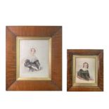 A Victorian watercolour portrait of a lady, wearing a black dress with lace collar, 15 X 12cm, in