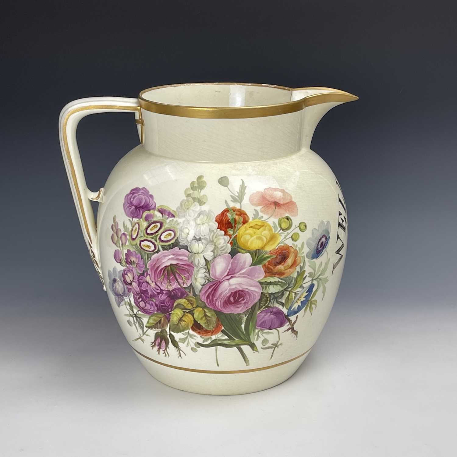 An exceptionally large creamware presentation jug, circa 1820, highlighted in gilt painted in - Image 3 of 8