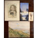 A pair of watercolours of cliff Scenes unsigned, a watercolour of a lady in a winter scene signed