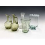 Whitefriars and other glass, including a pair of green glass ewers, height 19cm, a clear glass