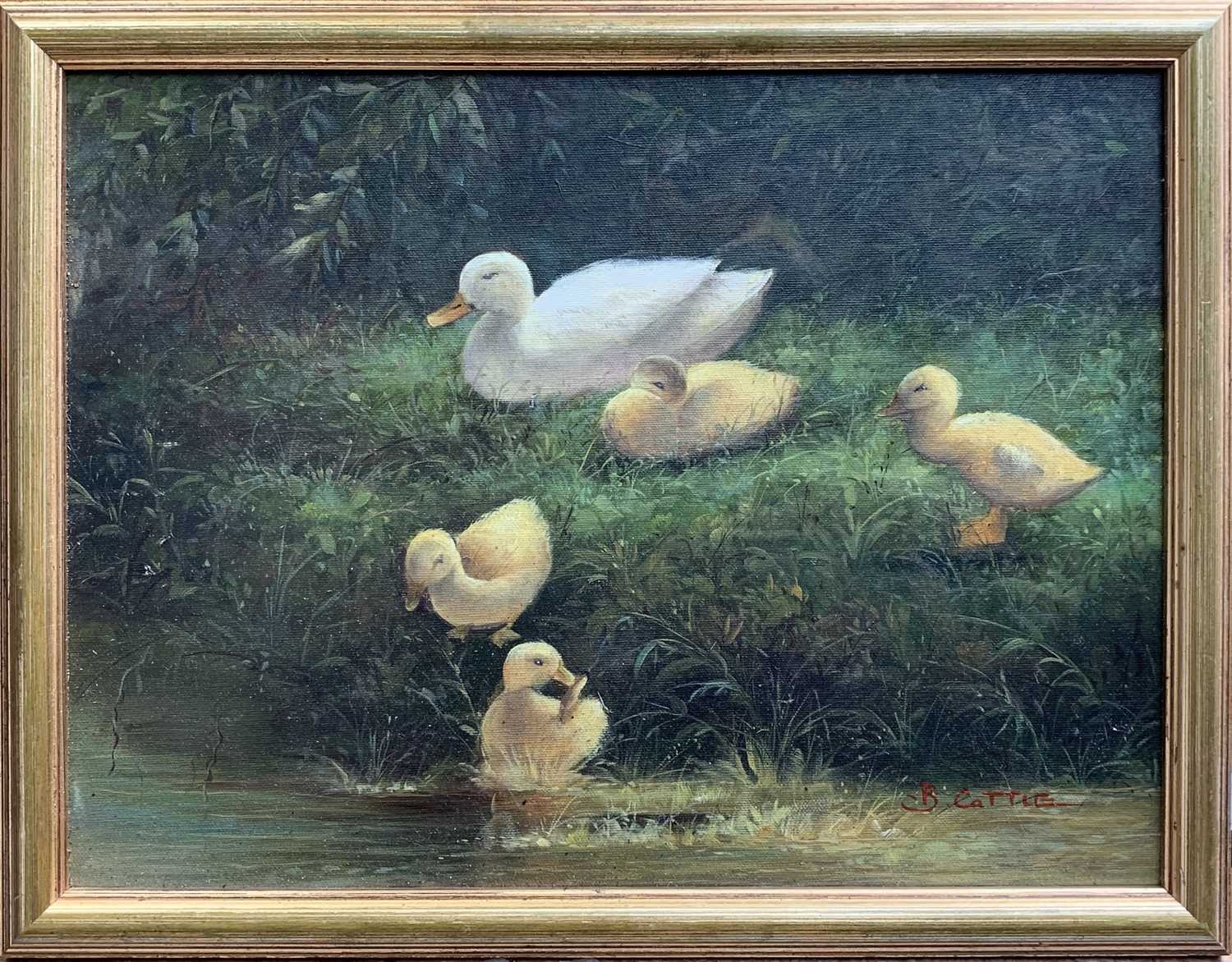 B CATTLE A duck with her chicks Oil on canvas Signed 30 x 40cm