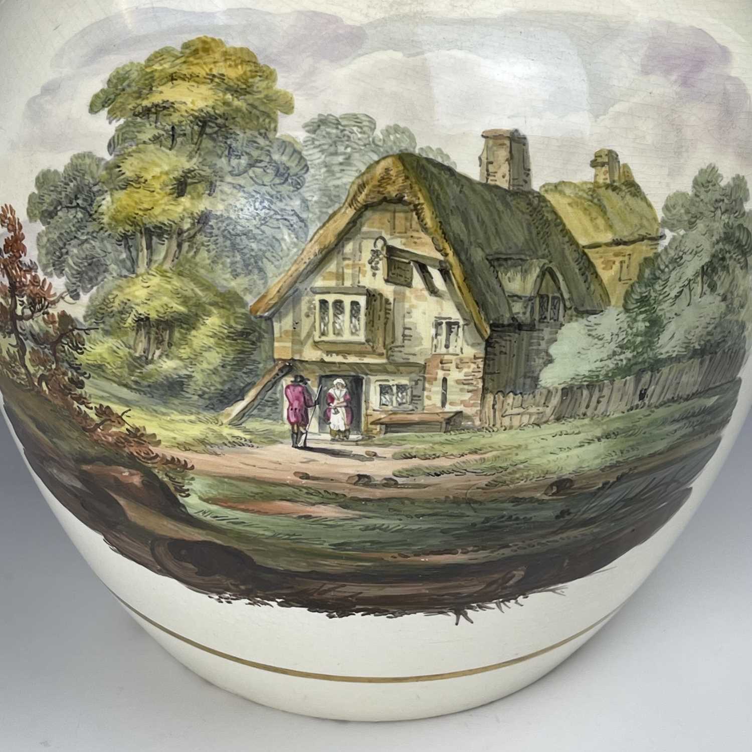 An exceptionally large creamware presentation jug, circa 1820, highlighted in gilt painted in - Image 5 of 8