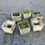 Six Cotstone reconstituted tapered square planters cast flowers of the Union, largest height 37cm