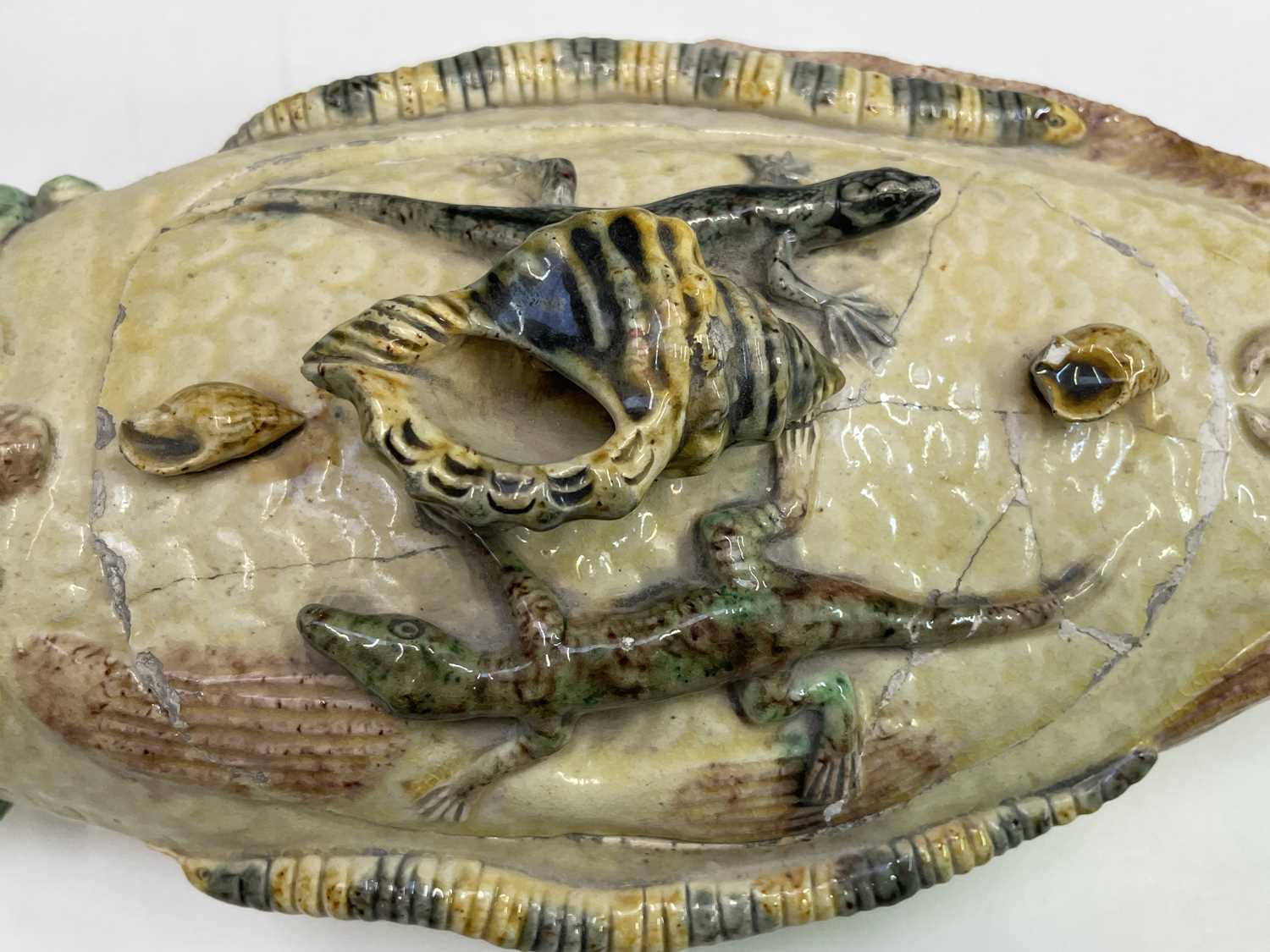 A Portuguese Pallisy style fish shaped tureen and cover, circa 1900, with applied shells, lizards, - Image 6 of 12