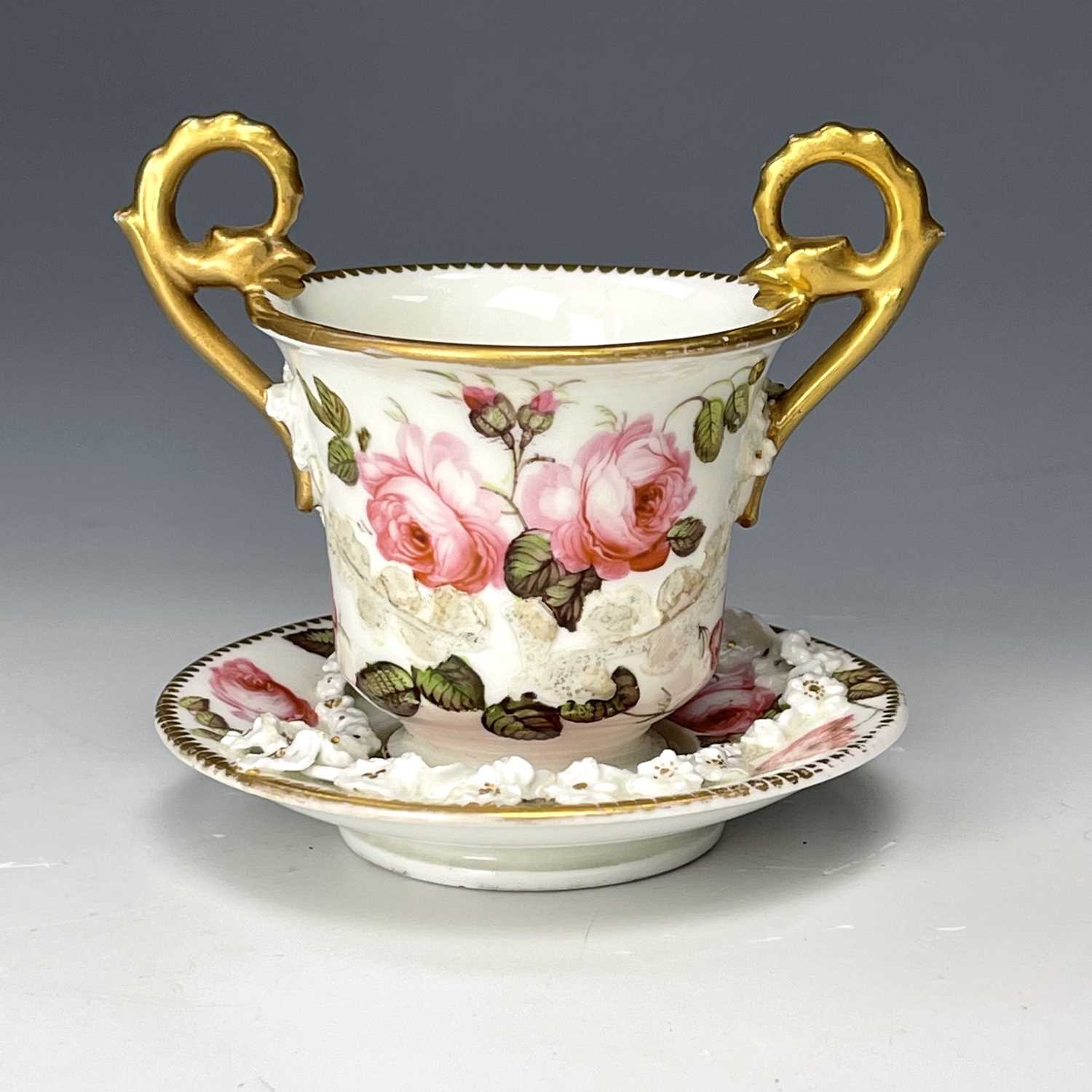 A Nantgarw miniature cabinet cup and saucer with double gryphon handles, applied floral decoration - Image 6 of 10