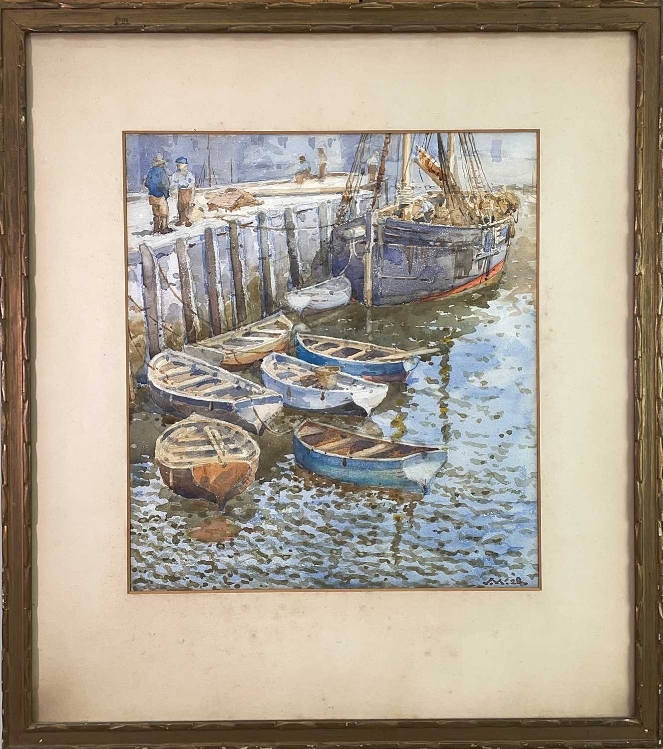 Joan Lister WALKER The Jetty, Brixham, Watercolour Monogrammed and dated 28 Further inscribed