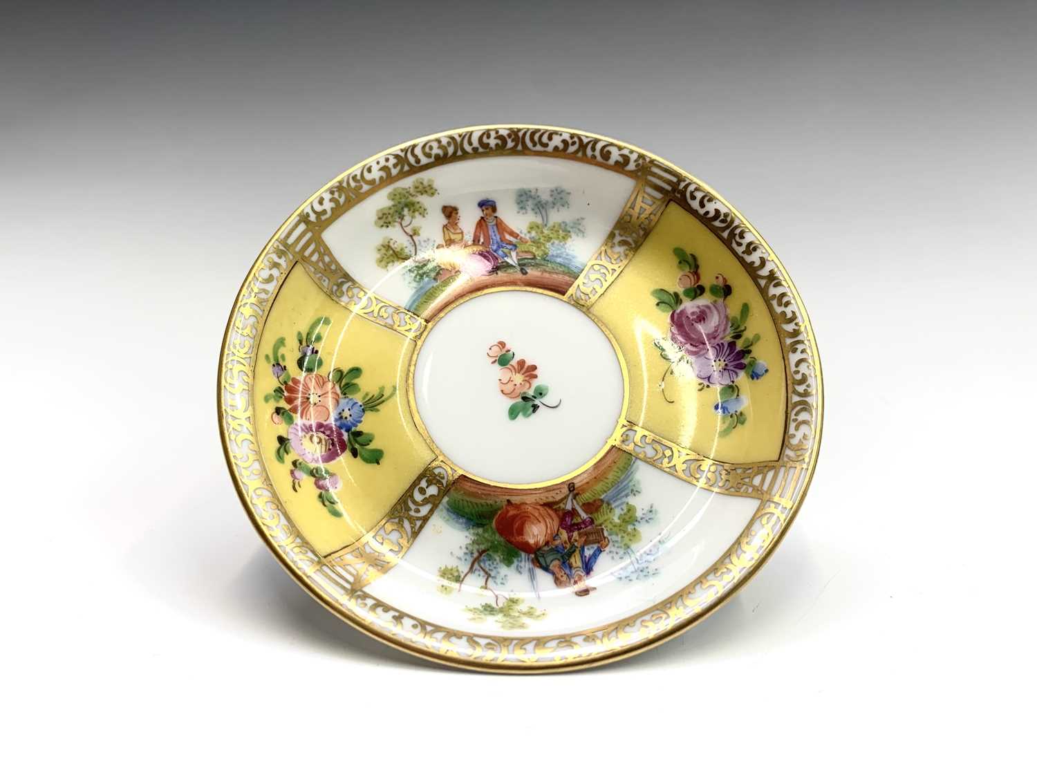 A Meissen cabinet cup and saucer, late 19th century, painted with reserves in the 18th century style - Image 9 of 9