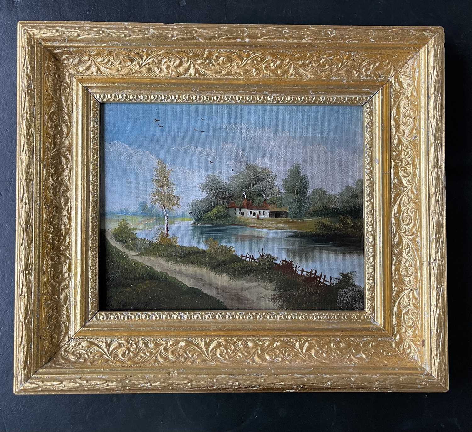 20th Century School Riverside CottagesOil on canvasIndistinctly signed 18.5 x 23.5cm - Image 5 of 6