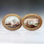 A pair of early 19th oval reverse paintings on glass, Continental coastal scenes, each 12.5 X 15.