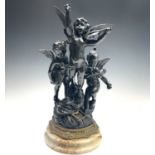 After Rousseau, a bronze group of three cherubs, early 20th century, emblematic of art, music and