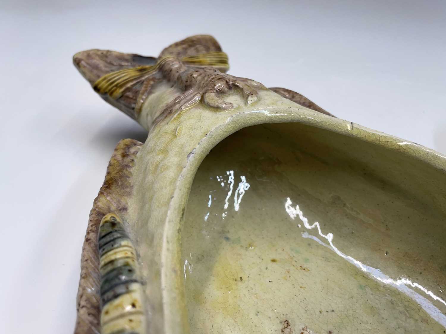 A Portuguese Pallisy style fish shaped tureen and cover, circa 1900, with applied shells, lizards, - Image 11 of 12