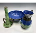 A C.H.Brannam North Devon pottery toilet jug and bowl, with black, green and blue banded decoration,