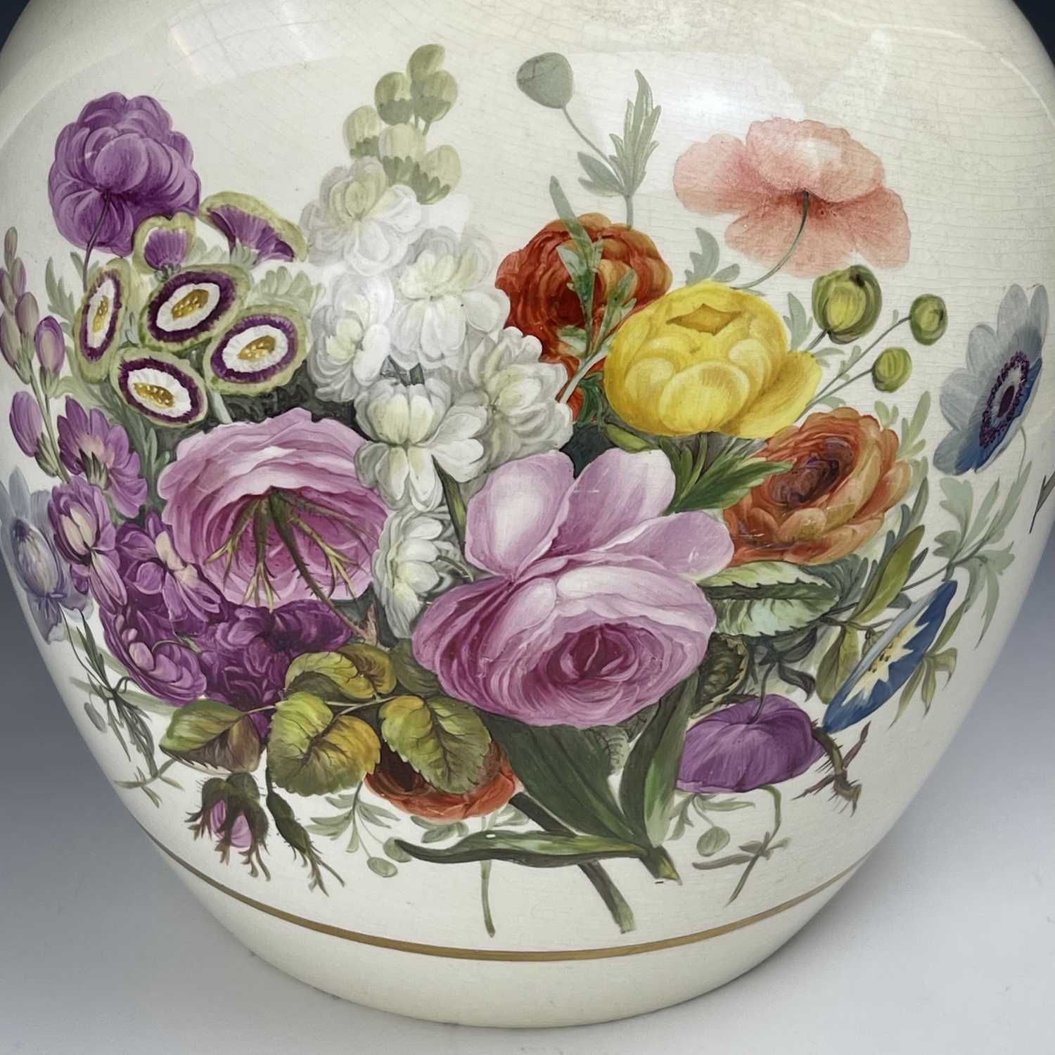 An exceptionally large creamware presentation jug, circa 1820, highlighted in gilt painted in - Image 7 of 8