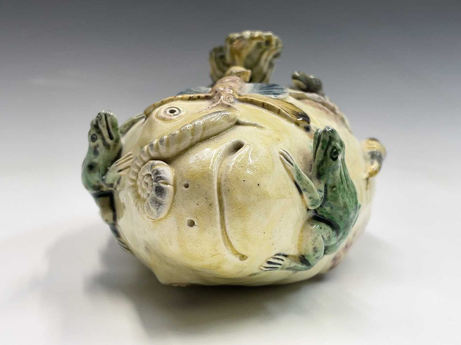 A Portuguese Pallisy style fish shaped tureen and cover, circa 1900, with applied shells, lizards, - Image 4 of 12
