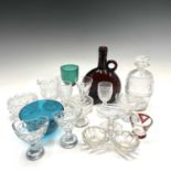 A collection of six Georgian and later glass salts, a decanter and stopper, an amber glass flask and