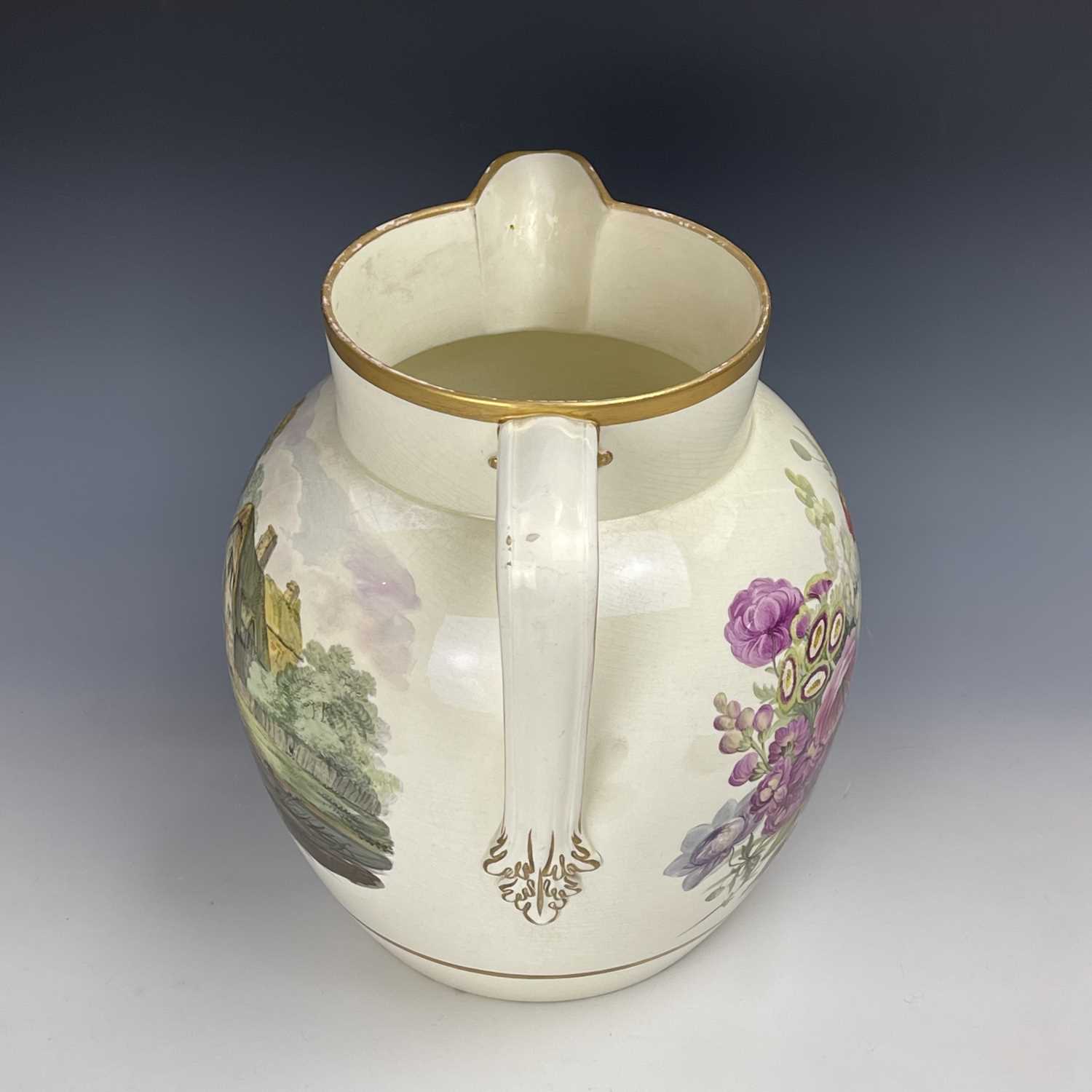 An exceptionally large creamware presentation jug, circa 1820, highlighted in gilt painted in - Image 8 of 8