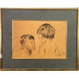 Franco MATANIA (1922-2006) charcoal sketch Two young children 21 x 30cm