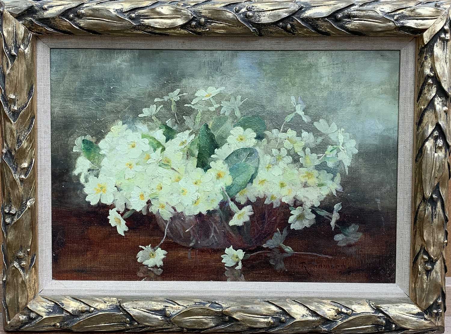 R Thomson A bowl of primroses, signed and dated 1908, oil on canvas, 21.5 X 31.5cm.Alan Bennett (