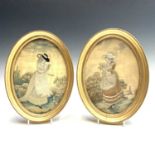 A pair of Regency silk work oval pictures, of ladies gathering blooms and foliage in gardens, with