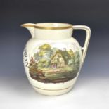An exceptionally large creamware presentation jug, circa 1820, highlighted in gilt painted in