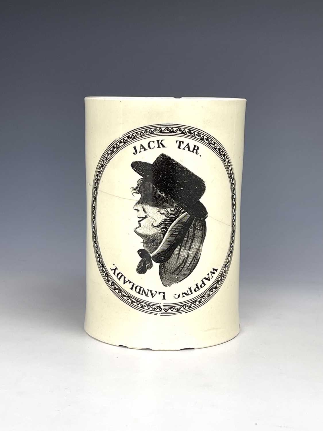 A creamware mug, circa 1780, transfer printed with a satirical inverted 'Jack Tar and Wapping