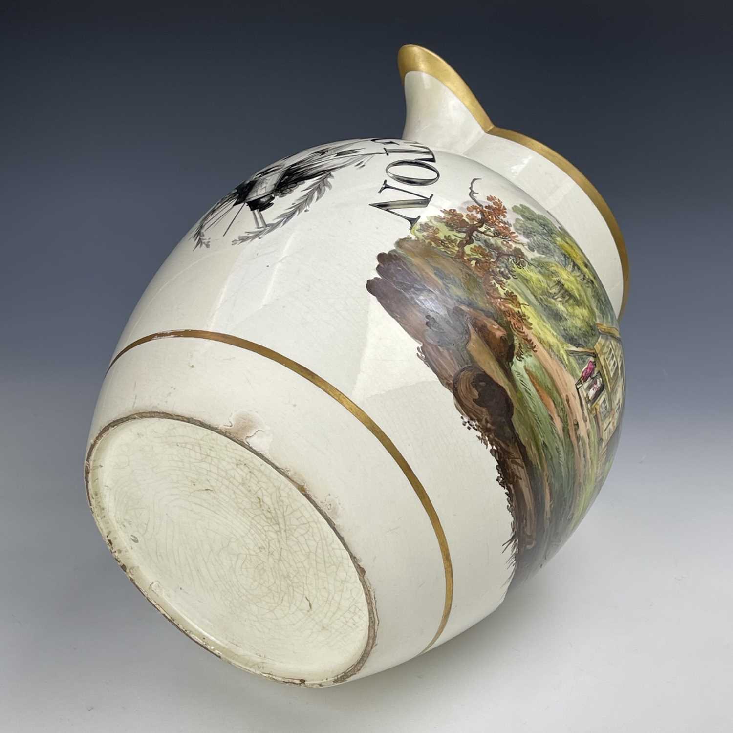 An exceptionally large creamware presentation jug, circa 1820, highlighted in gilt painted in - Image 4 of 8