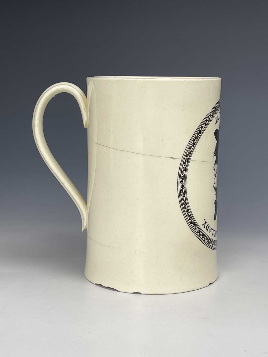 A creamware mug, circa 1780, transfer printed with a satirical inverted 'Jack Tar and Wapping - Image 2 of 4