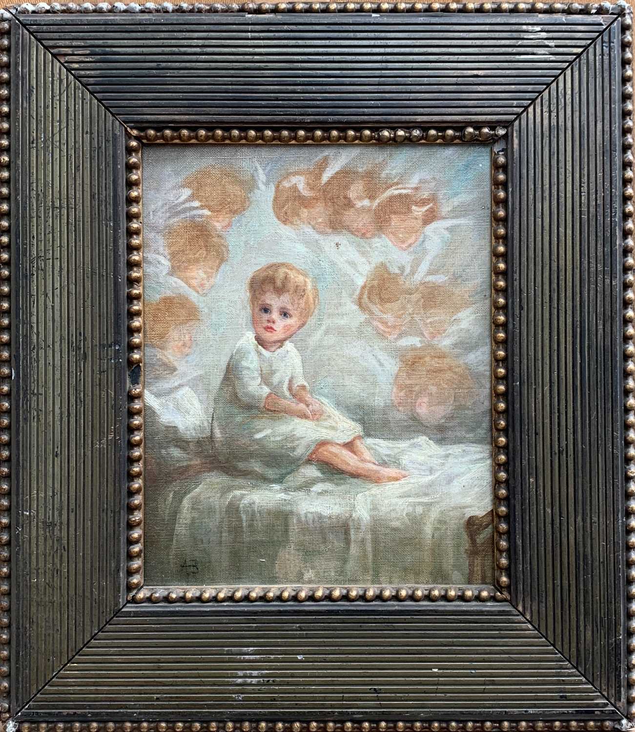 Early 20th century British school A child surrounded by angels Oil on canvas Monogram AB 24 x 19cm