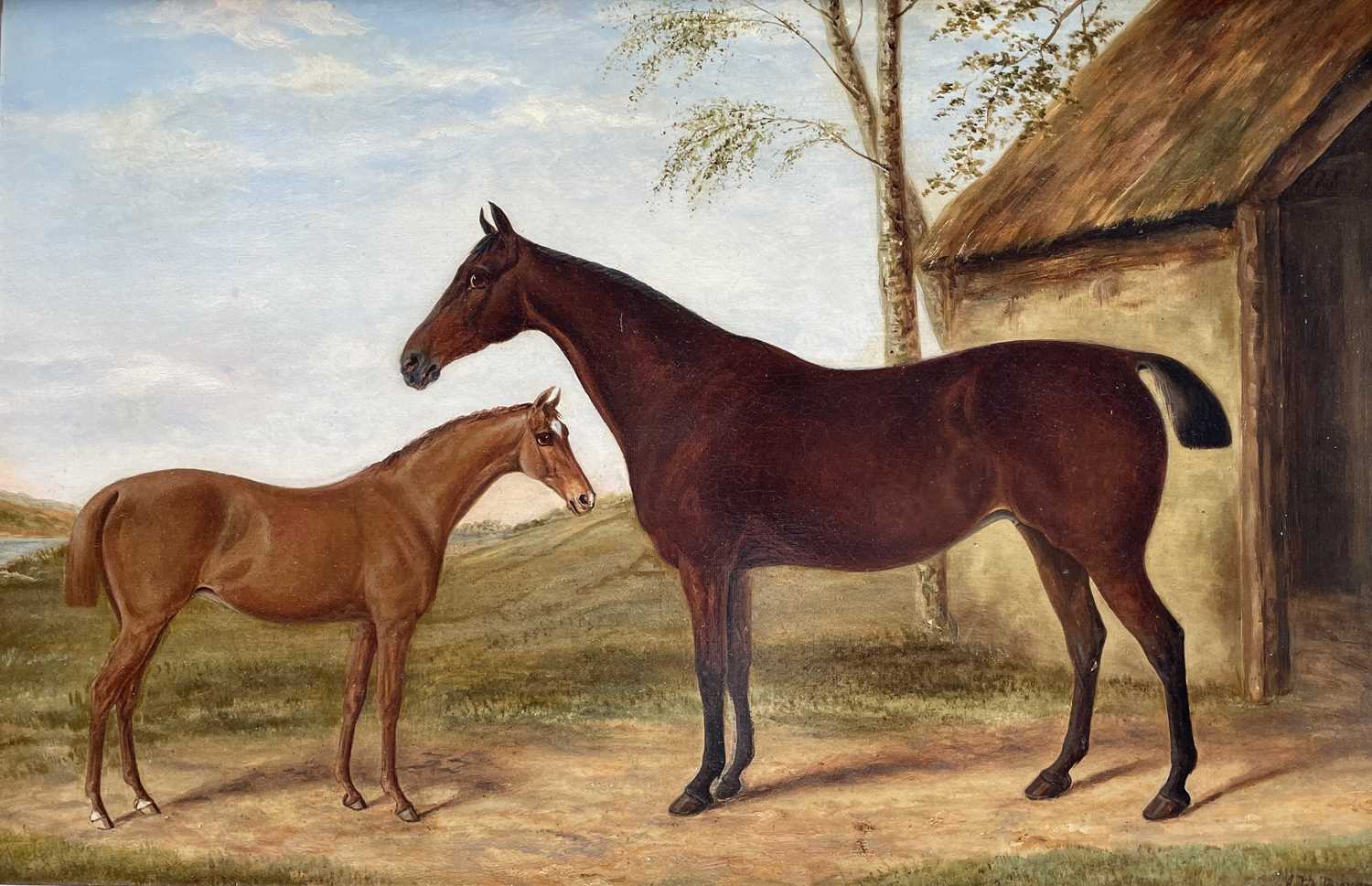 Alfred Moginie BRYANT (XIX-XX) Two horses beside a stable Oil on canvas, 39 X 59cm.